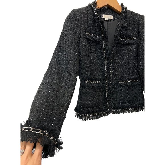 Boston Proper Chain Detail Tweed Jacket Wool Blend Coat Preppy Top - Picture 2 of 10